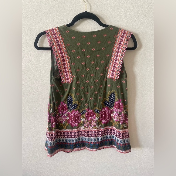 Anthropologie olive green and pink floral boho v neck tank top blouse - Picture 6 of 6